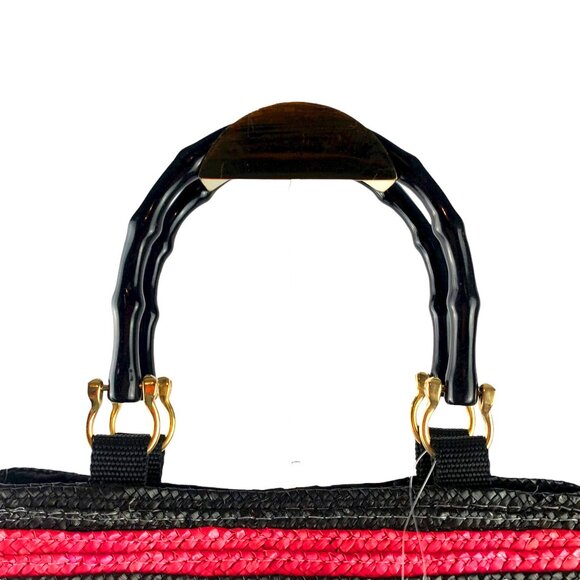 MAGID Multi Colored Striped Wheat Straw Double Wooden Handle Satchel - Picture 12 of 14